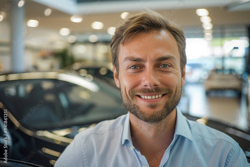 Male client customer choosing a new car in car showroom Male client customer choosing a new car in car showroom
