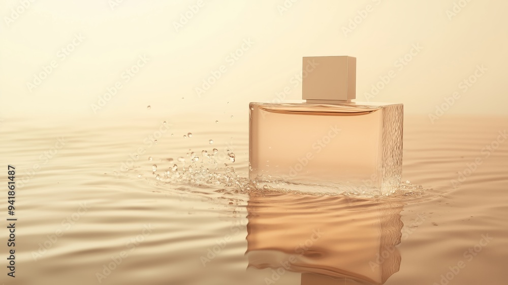 A perfume bottle with water and sand on the floor. A perfume bottle with water and sand on the floor.