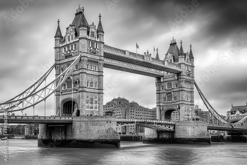 A black and white image of Tower Bridge in London, England.