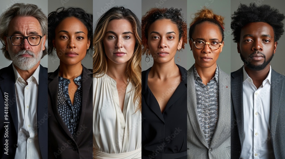 A diverse group of six professionals wearing formal attire, gazing directly at the camera, against a plain background. A diverse group of six professionals wearing formal attire, gazing directly at the camera, against a plain background.