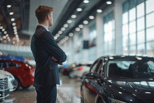 Male client customer choosing a new car in car showroom