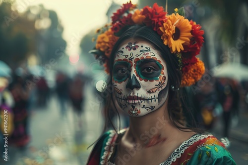 Young woman with sugar skull makeup, parade in Mexico city, makeup for day of the dead