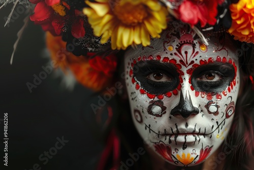 Young woman with sugar skull makeup, parade in Mexico city, makeup for day of the dead