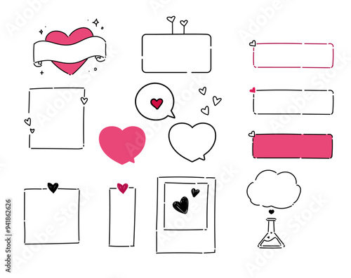 Heart frame illustration set for gift, card, romantic decoration, etc. Isolated.