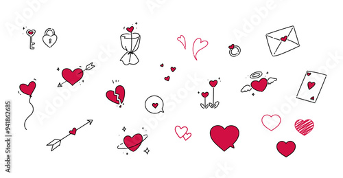 Heart item illustration set for gift, card, romantic decoration, etc. Isolated.
