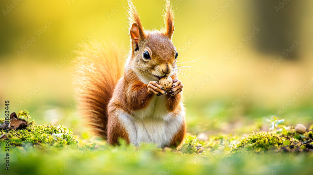 Obraz premium Red Squirrel Eating a Nut in a Forest