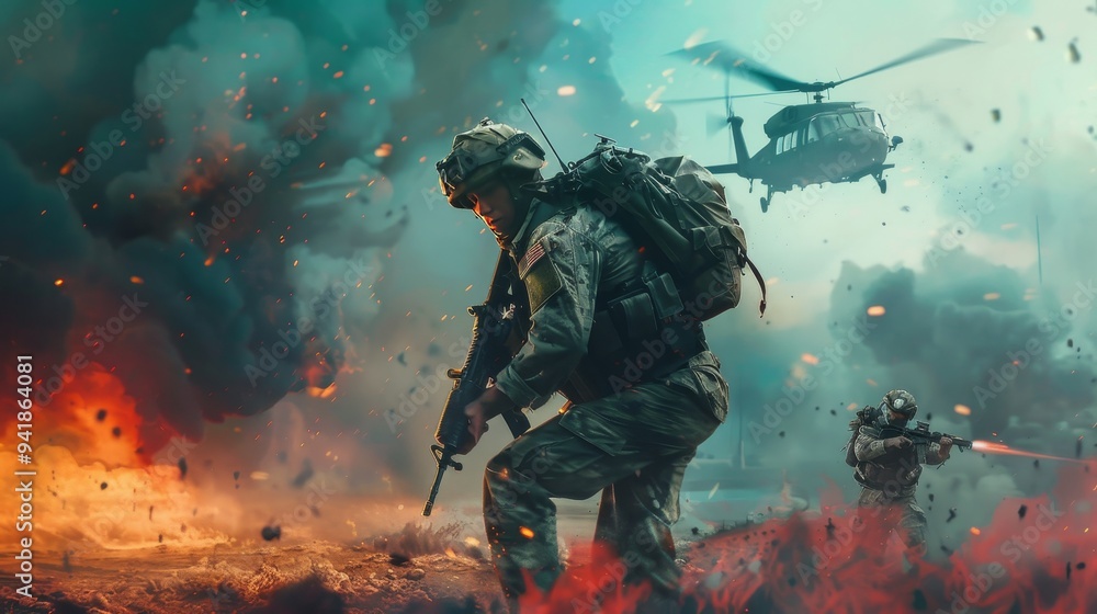 A brave soldier, amidst battlefield chaos with rifles, helicopters, and explosions around, showcases the challenges and intensity faced by military personnel. A brave soldier, amidst battlefield chaos with rifles, helicopters, and explosions around, showcases the challenges and intensity faced by military personnel.