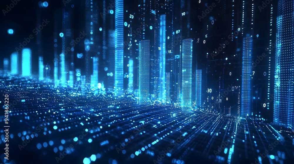 Futuristic blue digital data landscape with glowing columns and binary code. Futuristic blue digital data landscape with glowing columns and binary code.