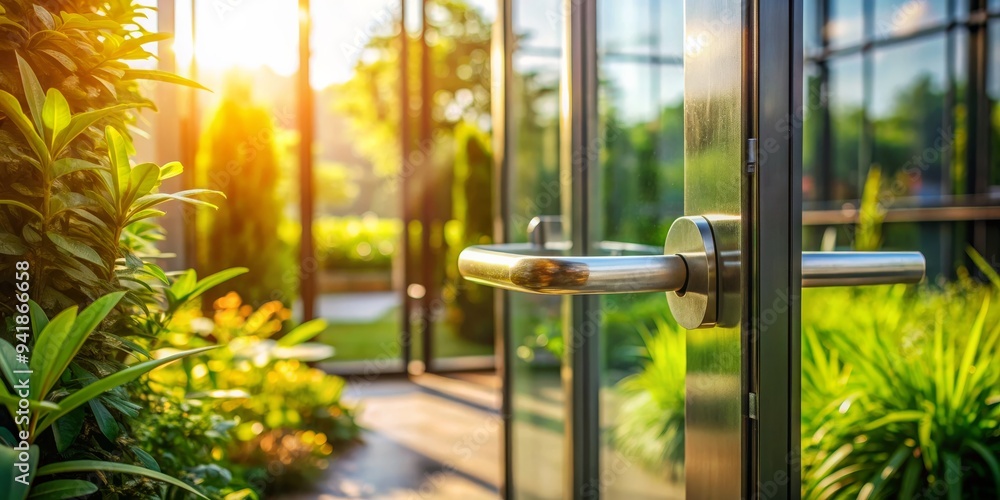 Open Door to Nature, Glass Door, Sunlight, Plants, Green , Nature , Doorway Open Door to Nature, Glass Door, Sunlight, Plants, Green , Nature , Doorway