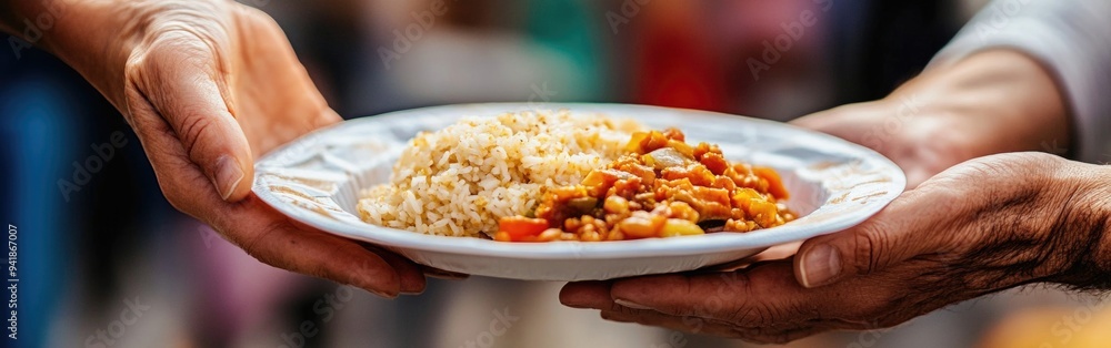 A warm meal is gently placed on the lap of a homeless person, highlighting textures