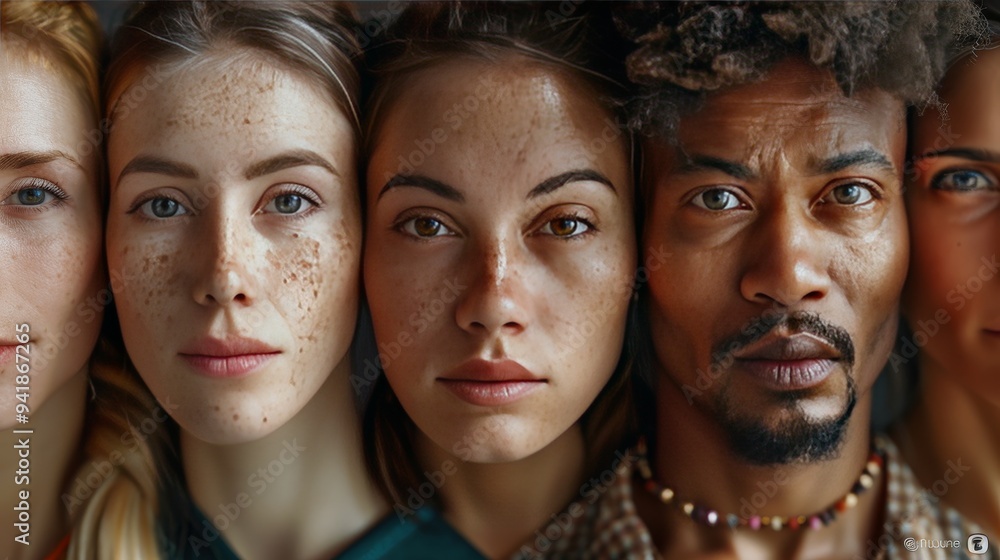 Five faces, each with unique freckles and expressions, positioned closely in a line, showcasing diversity and unity. Five faces, each with unique freckles and expressions, positioned closely in a line, showcasing diversity and unity.