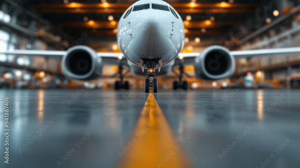A close-up view of the nose of an airplane inside a spacious hangar, showing the detail and precision of aviation engineering in a controlled, indoor environment. A close-up view of the nose of an airplane inside a spacious hangar, showing the detail and precision of aviation engineering in a controlled, indoor environment.