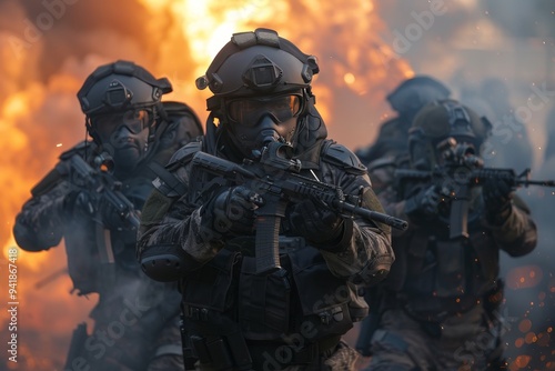 A heavily armed tactical military team engages in a high-intensity operation with rifles, facing an explosion and intense flames. photo