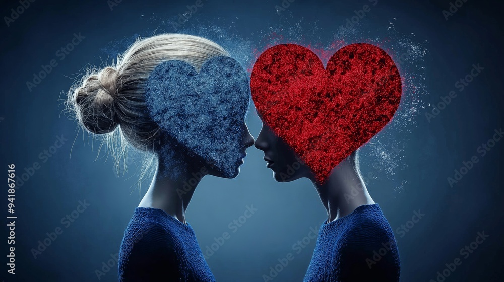 Two women with hearts on their faces. The hearts are red and blue. The women are looking at each other Two women with hearts on their faces. The hearts are red and blue. The women are looking at each other