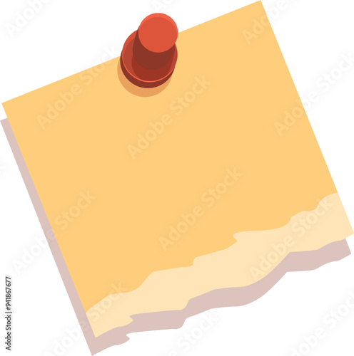 Blank yellow note paper with ripped bottom edge is being held by a red push pin