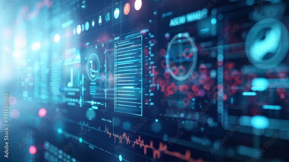 A state-of-the-art digital screen shows comprehensive data analysis with detailed graphs, charts, and performance metrics in a futuristic layout. A state-of-the-art digital screen shows comprehensive data analysis with detailed graphs, charts, and performance metrics in a futuristic layout.