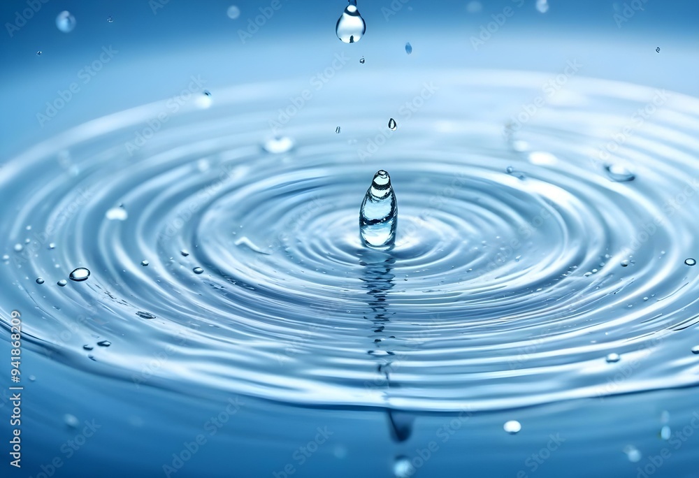 Water droplets splashing on a surface, creating a ripple effect with a blue-tinted background Water droplets splashing on a surface, creating a ripple effect with a blue-tinted background