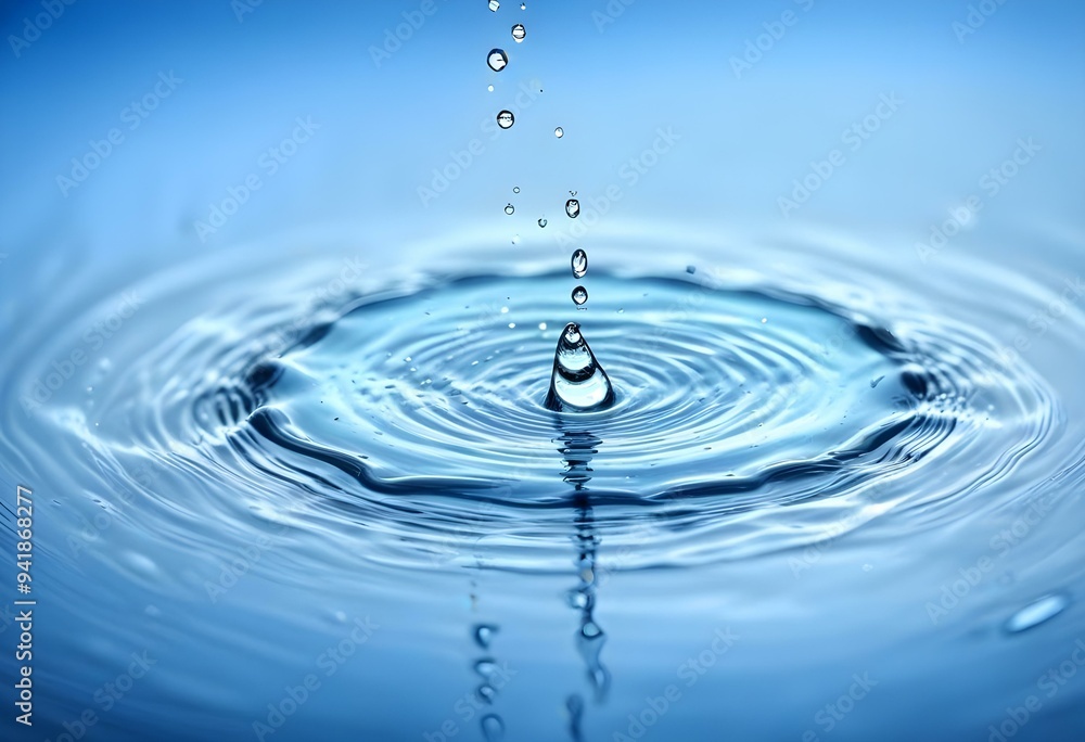 Water droplets splashing on a surface, creating a ripple effect with a blue-tinted background Water droplets splashing on a surface, creating a ripple effect with a blue-tinted background