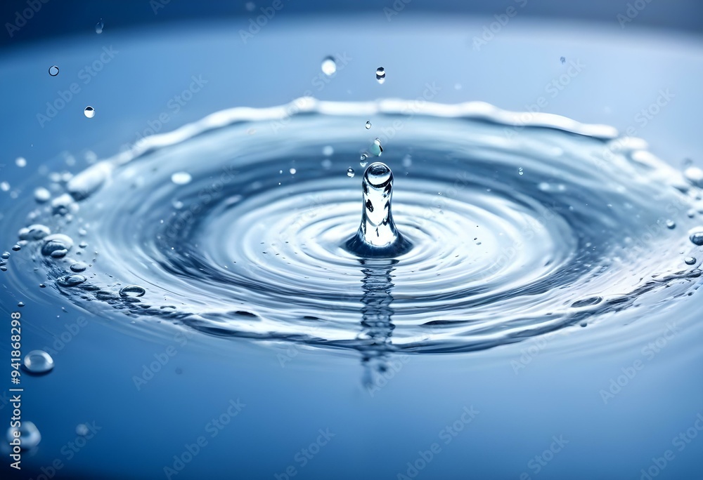 Water droplets splashing on a surface, creating a ripple effect with a blue-tinted background Water droplets splashing on a surface, creating a ripple effect with a blue-tinted background