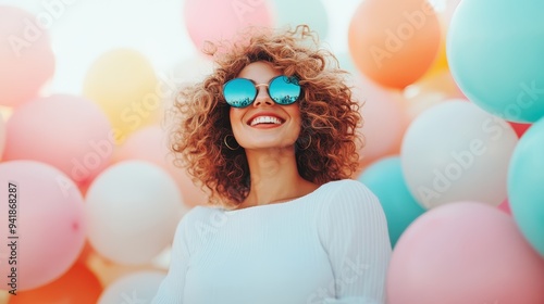 A woman with curly hair, wearing a white outfit, is standing outdoors surrounded by numerous colorful balloons, capturing a lively and joyous celebration atmosphere. photo