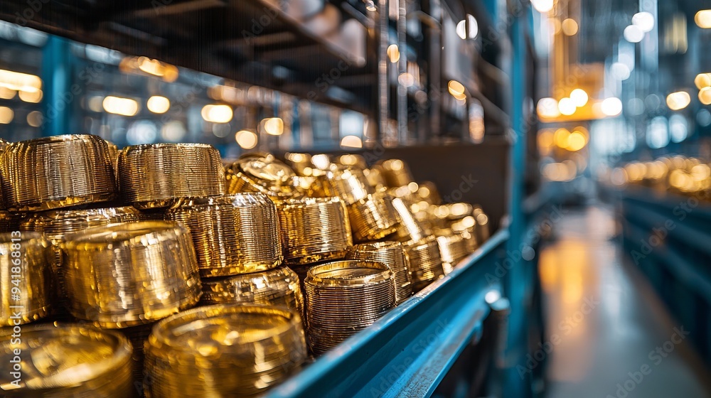 A well-organized warehouse featuring shining gold containers stacked on shelves, showcasing inventory management and storage solutions. A well-organized warehouse featuring shining gold containers stacked on shelves, showcasing inventory management and storage solutions.