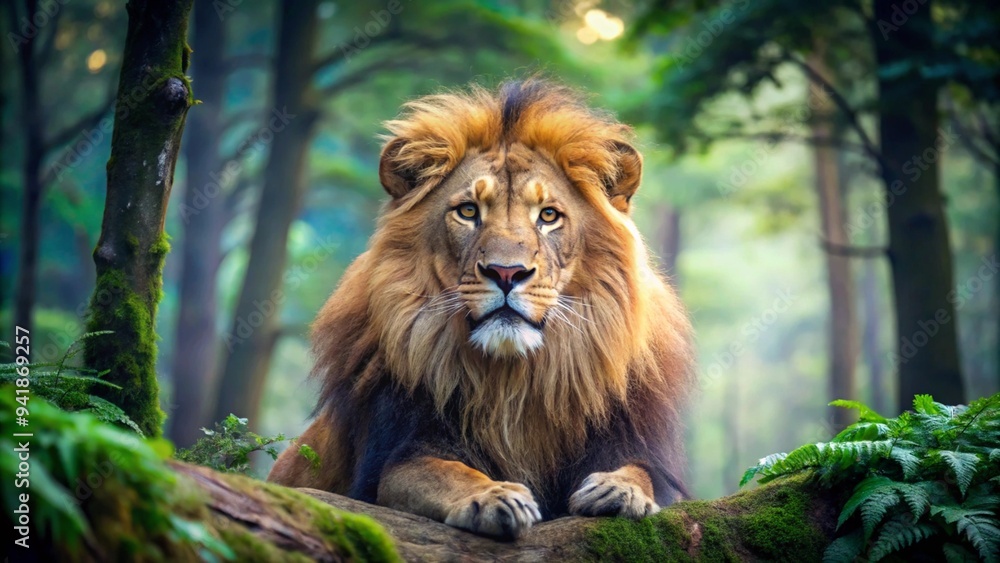 close-up shot of a majestic lion lounging in its natural habitat, surrounded by lush greenery and vibrant wildlife, showcasing the predator in its element. close-up shot of a majestic lion lounging in its natural habitat, surrounded by lush greenery and vibrant wildlife, showcasing the predator in its element.