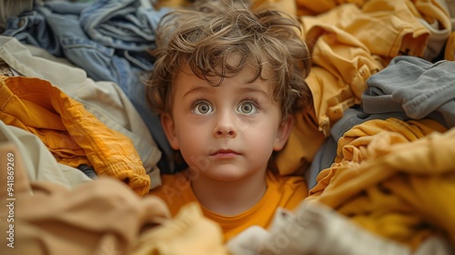 Wallpaper Mural A curious child explores a colorful mountain of laundry in a cozy room filled with bright fabrics. Generative AI Torontodigital.ca