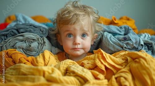 A curious toddler surrounded by colorful piles of laundry in a cozy indoor setting on a sunny afternoon. Generative AI photo