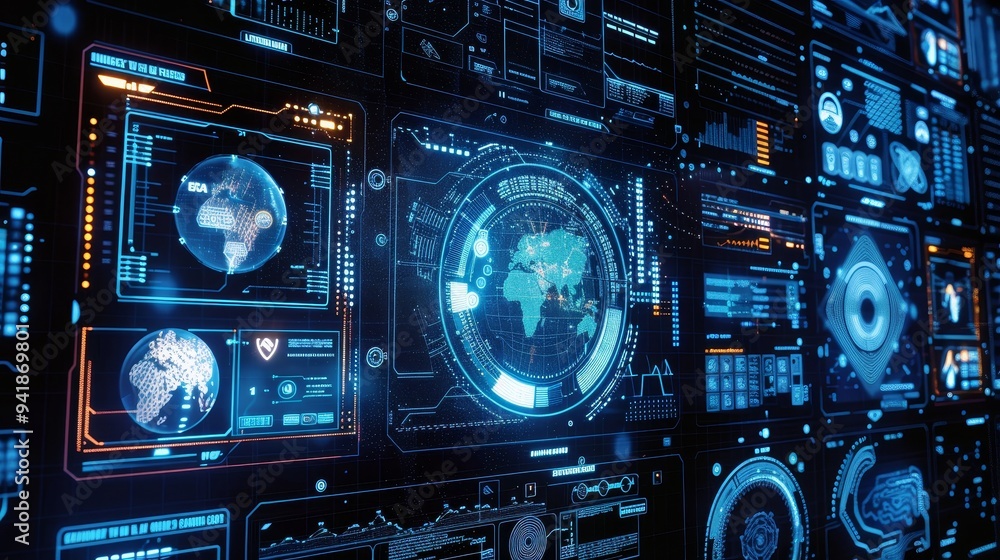 The futuristic image shows a global data interface featuring digital world maps, charts, and numerous informative panels, designed for advanced analytics. The futuristic image shows a global data interface featuring digital world maps, charts, and numerous informative panels, designed for advanced analytics.
