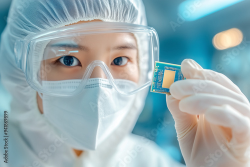 An Asian female worker in a white protective suit and mask holds a microchip