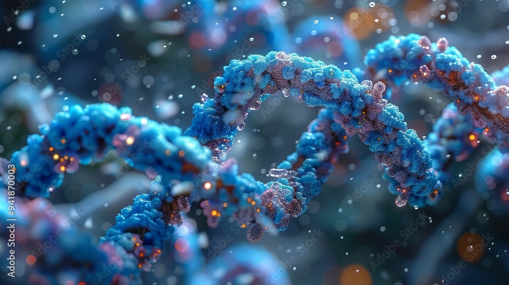 A high-definition image of a blue DNA helix, intricately detailed with molecules and dynamic particles, representing scientific advancements in genetics and molecular biology. A high-definition image of a blue DNA helix, intricately detailed with molecules and dynamic particles, representing scientific advancements in genetics and molecular biology.