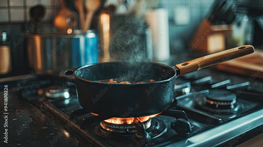 Detailed view of a cast iron pot with a wooden handle, simmering on a gas stove in a well-equipped kitchen Detailed view of a cast iron pot with a wooden handle, simmering on a gas stove in a well-equipped kitchen