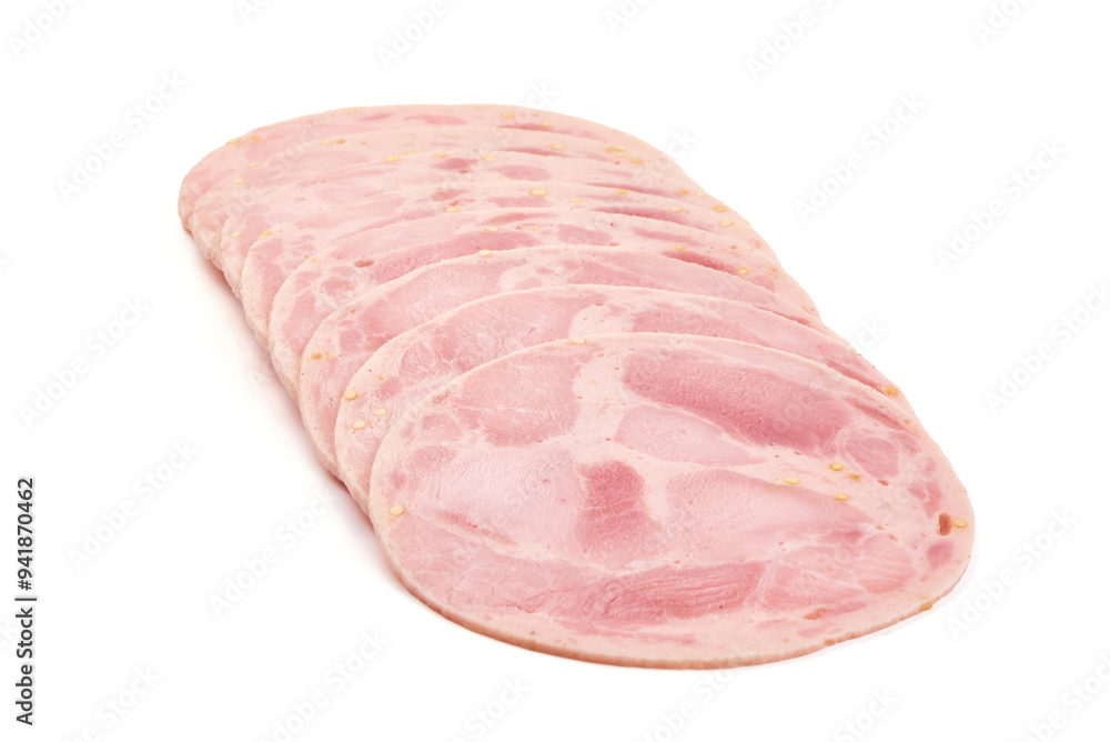 Boiled sausage slices, isolated on white background. Boiled sausage slices, isolated on white background.