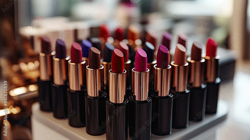 Detailed view of a collection of lipstick tubes in various colors and finishes, arranged neatly on a stylish makeup counter - Detailed view of a collection of lipstick tubes in various colors and finishes, arranged neatly on a stylish makeup counter -