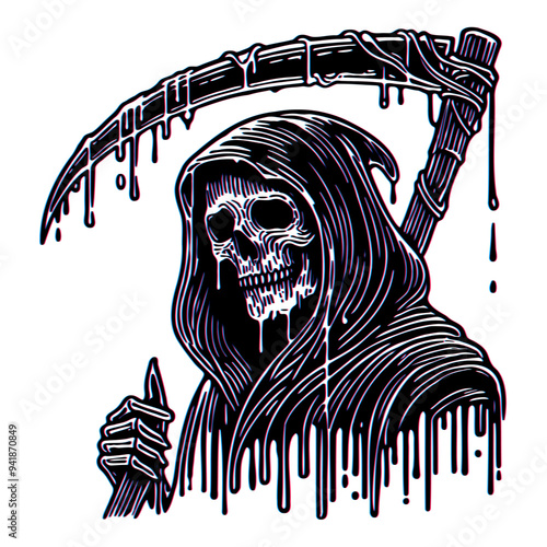 Line art illustration of terrifying Grim Reaper with melting, dripping scythe. Bold black Reaper logo. 3D glass effect. Detailed surreal horror artwork for tattoos. Halloween digital vector art	