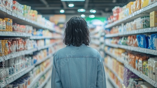 A person standing in the middle of an aisle containing cleaning products.