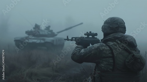 A soldier camouflaged in military gear aims his sniper rifle while a tank looms in the foggy field during a secretive mission.