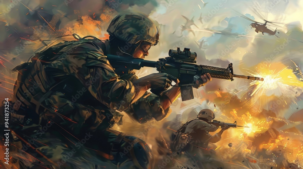 A soldier takes aim with his rifle in an intense war zone scene filled with explosions and fire. Helicopters fly in the background. A soldier takes aim with his rifle in an intense war zone scene filled with explosions and fire. Helicopters fly in the background.