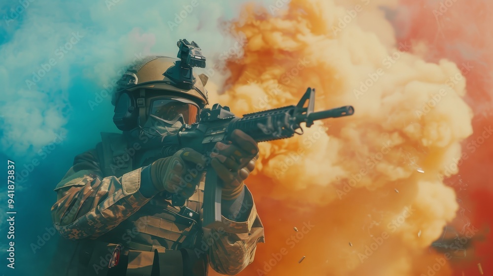 A military soldier in full tactical gear aims a weapon during an operation, with vibrant blue and orange smoke filling the background scene. A military soldier in full tactical gear aims a weapon during an operation, with vibrant blue and orange smoke filling the background scene.