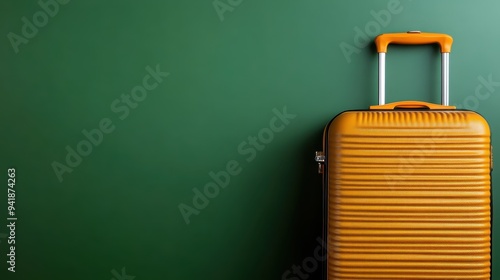 A bright orange suitcase with an extended handle stands against a leafy green backdrop, creating a vivid and cheerful presentation symbolizing readiness for travel. photo