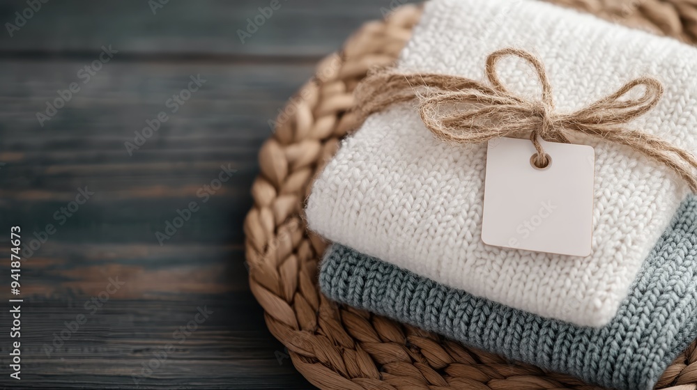 A neatly folded stack of cozy sweaters, tied together with twine, rests on a woven mat, creating a homely and comfortable sense of warmth, simplicity, and rustic appeal. A neatly folded stack of cozy sweaters, tied together with twine, rests on a woven mat, creating a homely and comfortable sense of warmth, simplicity, and rustic appeal.