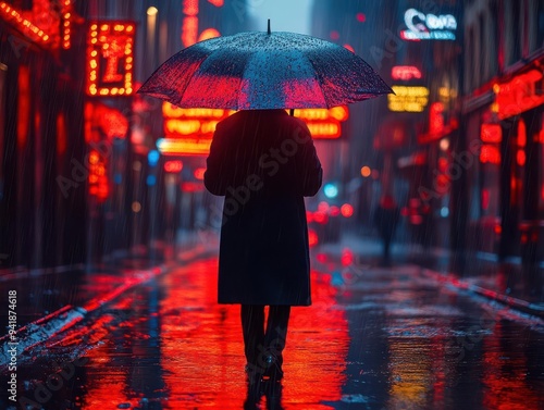 neonlit urban alley rainslicked streets reflecting colorful signs moody film noir aesthetic lone figure in distance cinematic composition photo