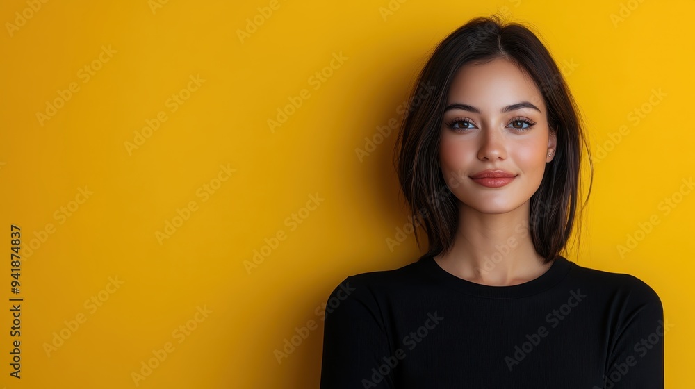 A confident woman in a black shirt poses against a vibrant yellow backdrop, exuding contemporary elegance and a poised demeanor, creating a visually striking and artistic image. A confident woman in a black shirt poses against a vibrant yellow backdrop, exuding contemporary elegance and a poised demeanor, creating a visually striking and artistic image.