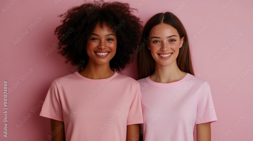 Two friends are smiling warmly, dressed in pink shirts, against a matching pink backdrop, radiating a sense of unity, friendship, and happiness in a cheerful and bright setting. Two friends are smiling warmly, dressed in pink shirts, against a matching pink backdrop, radiating a sense of unity, friendship, and happiness in a cheerful and bright setting.