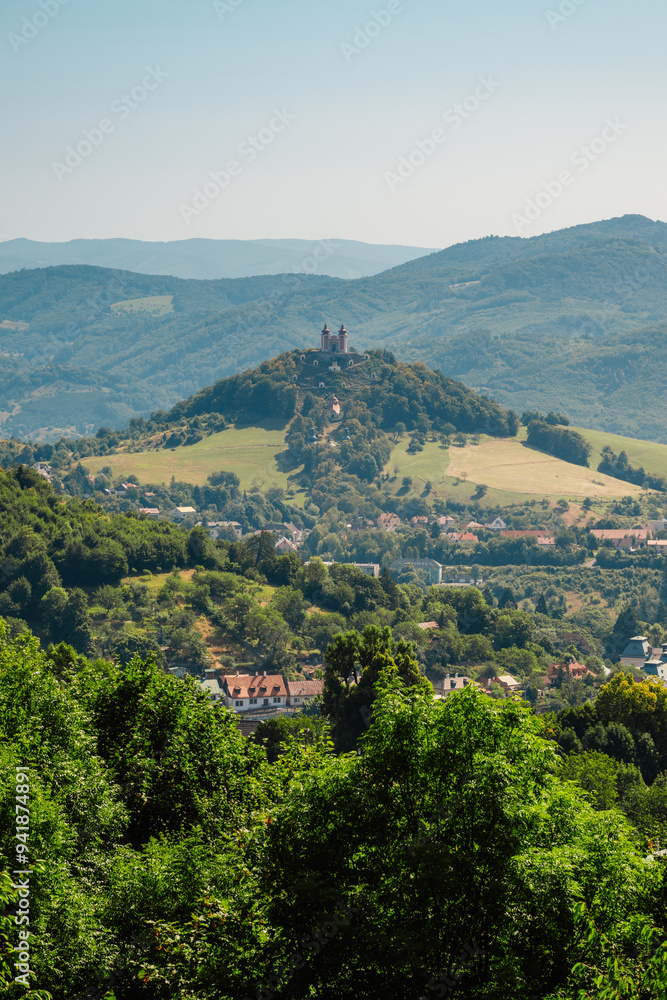 Obraz premium Romantic morning scenery of calvary in Banska Stiavnica, UNESCO, Slovakia. Old Slovakia mining town of Banska Stiavnica.