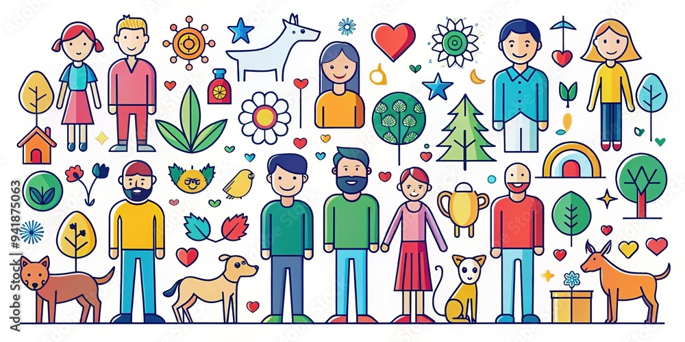 Colorful, modern, and diverse icons of people, animals, and objects form a cohesive team, symbolizing unity, collaboration, and creativity in a stylized, minimalist illustration. Colorful, modern, and diverse icons of people, animals, and objects form a cohesive team, symbolizing unity, collaboration, and creativity in a stylized, minimalist illustration.