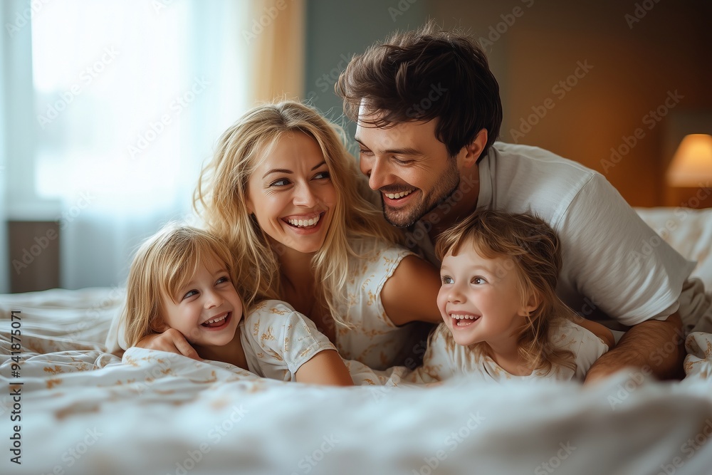 Happy family in pajamas having fun together in bedroom Happy family in pajamas having fun together in bedroom