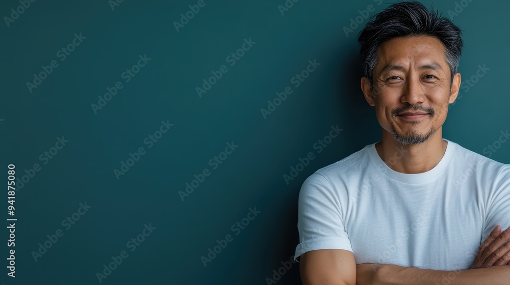 A man in a white t-shirt, confidently smiling with his arms folded, standing against a solid dark green background, and exhibits a sense of calm and contentment. A man in a white t-shirt, confidently smiling with his arms folded, standing against a solid dark green background, and exhibits a sense of calm and contentment.