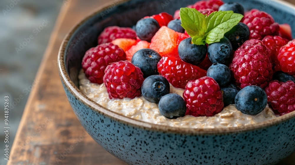 A bowl of creamy yogurt, topped with fresh raspberries, blueberries, and a mint leaf, is captured in a close-up, making it an ideal choice for a healthy and refreshing breakfast. A bowl of creamy yogurt, topped with fresh raspberries, blueberries, and a mint leaf, is captured in a close-up, making it an ideal choice for a healthy and refreshing breakfast.