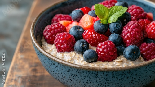 A bowl of creamy yogurt, topped with fresh raspberries, blueberries, and a mint leaf, is captured in a close-up, making it an ideal choice for a healthy and refreshing breakfast.